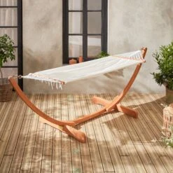 Hamac Sur Pieds En Bois, Toile En Coton Couleur : Blanc -Mobilier De Jardin ECHAMMOCKNAT 07