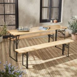 Table Bois + 2 Bancs Pliable, 6 Places