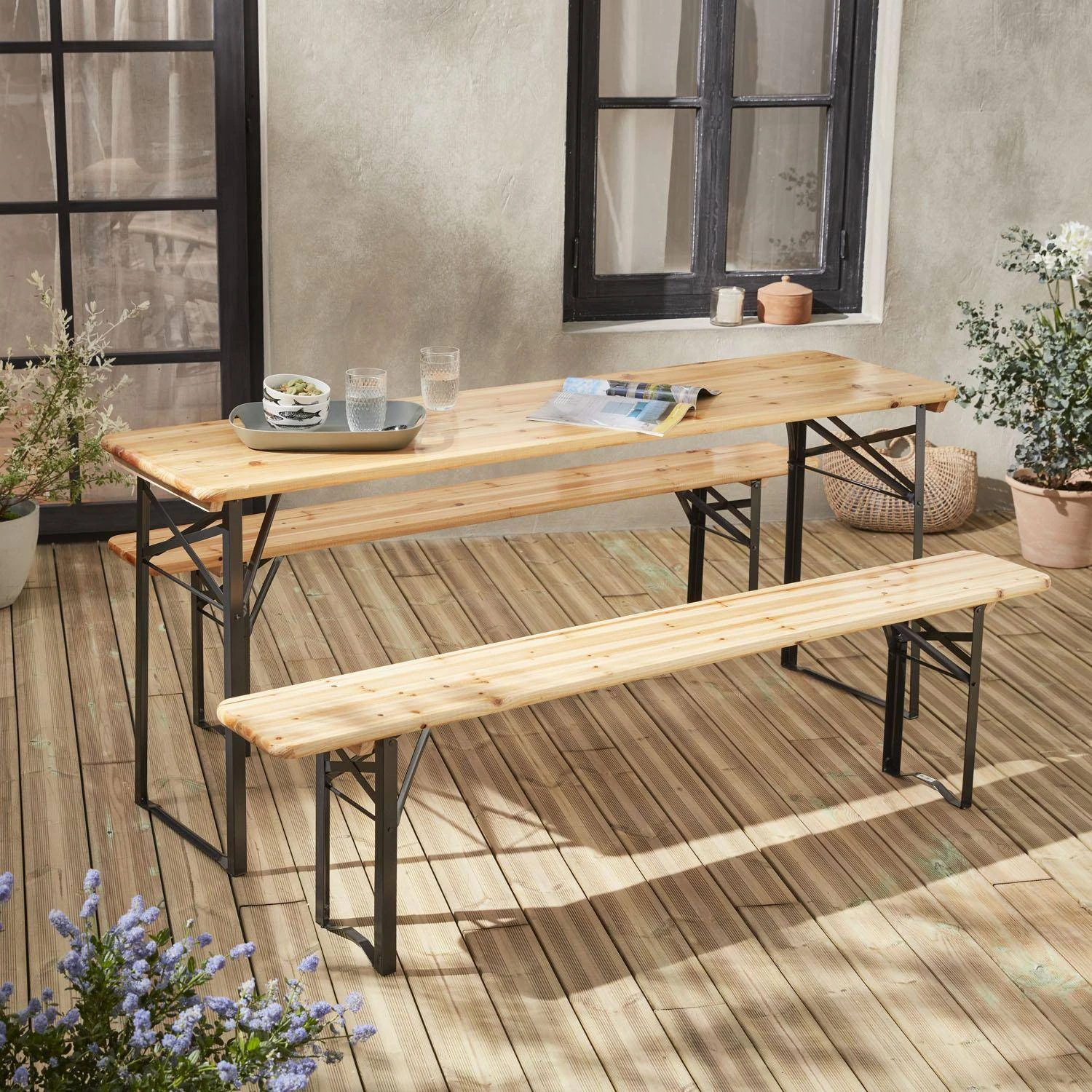 Table Bois + 2 Bancs Pliable, 6 Places 1 Table Bois + 2 Bancs Pliable, 6 Places